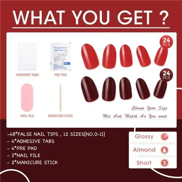 Rote Press-on-Nägel Kurz Mandelform – Wiederverwendbare Kunstnägel Für Schnelles & Stylisches Nail-Design